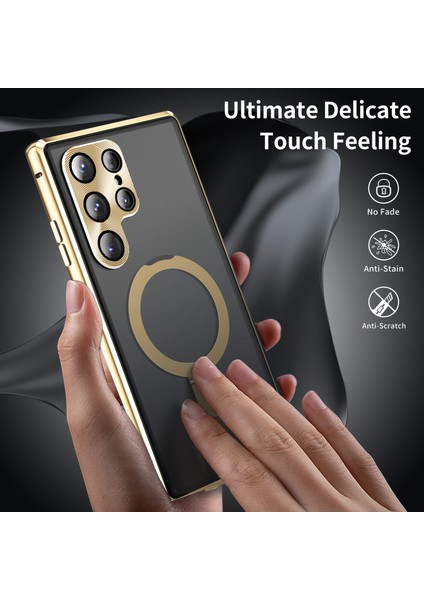 Samsung Galaxy S23 Ultra Manyetik Kılıf Kickstand Mat Pc Kılıfı Anti-Casus Temperli Cam Filmi-Altın (Yurt Dışından) modelleri