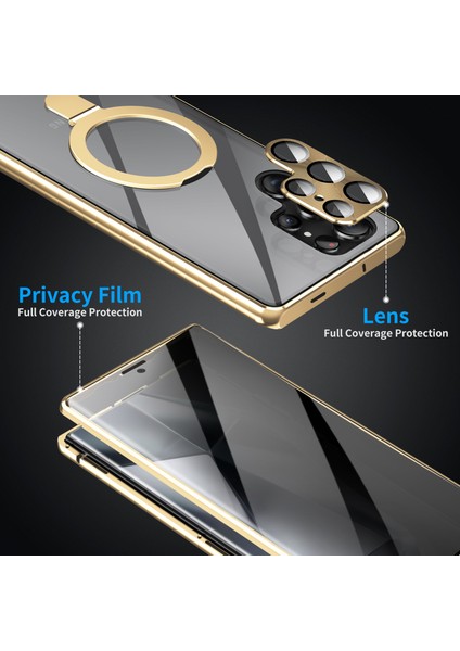 Samsung Galaxy S23 Ultra Manyetik Kılıf Kickstand Mat Pc Kılıfı Anti-Casus Temperli Cam Filmi-Altın (Yurt Dışından) fırsatları
