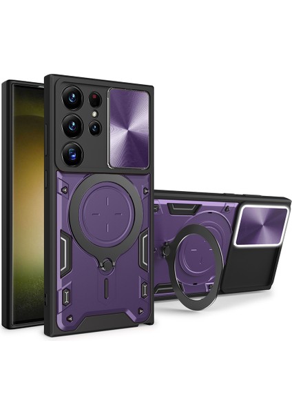 Samsung Galaxy S23 Ultra Kayar Kamera Kapağı Pc + Tpu Kapak Çizilmez Telefon Kılıfı Döndürülebilir Ayaklı-Mor (Yurt Dışından)