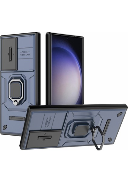 Samsung Galaxy S23 Ultra Pc+Tpu Darbeye Dayanıklı Telefon Kılıfı Sürgülü Lens Koruması Kickstand Kapağı-Mavi (Yurt Dışından)