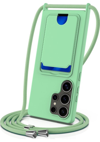 Samsung Galaxy S25 Ultra Kılıf Sıvı Silikon Kart Tutucu Arka Telefon Kılıfı Kordonlu-Yeşil (Yurt Dışından)