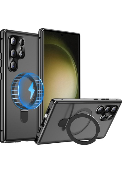 Samsung Galaxy S23 Ultra Manyetik Kılıf Kickstand Mat Pc Kılıfı Casus Önleyici Temperli Cam Filmi-Siyah (Yurt Dışından)