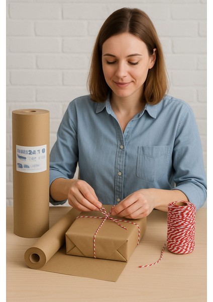 Kraft Rulo Ambalaj Kağıdı ve Kırmızı Paketleme İpi Seti, 50 cm x 10 m, 2 Parça, Kahverengi/Kırmızı