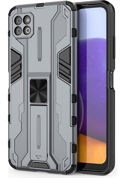 Samsung Galaxy A22 5g (Ab Sürümü) Için Katlanabilir Destekli Tam Gövde Darbeye Dayanıklı Koruma Sert Plastik + Tpu Ka Çift Katmanlı Hibrit Kılıf - Gri (Yurt Dışından)