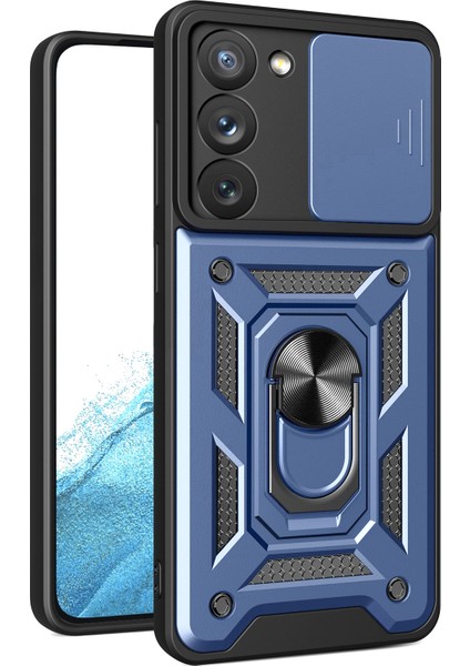Samsung Galaxy S23 Yüzük Kickstand Pc + Tpu Koruyucu Kapak Düşmeye Karşı Telefon Kılıfı Kayar Kamera Kapağı - Mavi (Yurt Dışından)