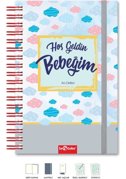 Hoş Geldin Bebeğim Anı Defteri – Renkli Bulut Desenli Sert Kapak, 17x24 cm Tekli