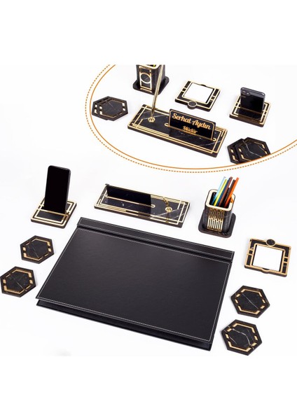 Roxy 6 Parça Siyah Sümen Takımı 50x35 cm, Gold Mermer Desenli, Ahşap Kapaklı ve İsimlikli Ofis Seti