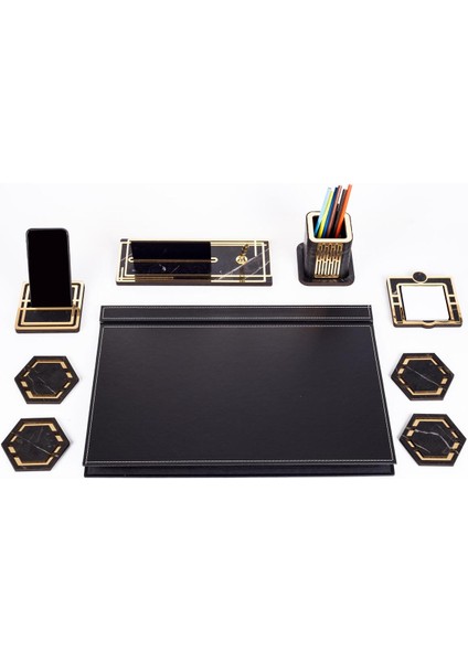 Roxy 6 Parça Siyah Sümen Takımı 50x35 cm, Gold Mermer Desenli, Ahşap Kapaklı ve İsimlikli Ofis Seti