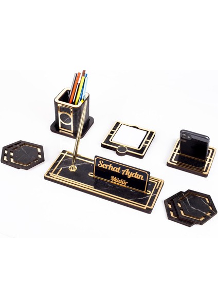 Roxy 6 Parça Siyah Sümen Takımı 50x35 cm, Gold Mermer Desenli, Ahşap Kapaklı ve İsimlikli Ofis Seti