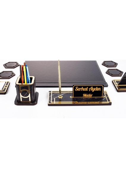 Roxy 6 Parça Siyah Sümen Takımı 50x35 cm, Gold Mermer Desenli, Ahşap Kapaklı ve İsimlikli Ofis Seti