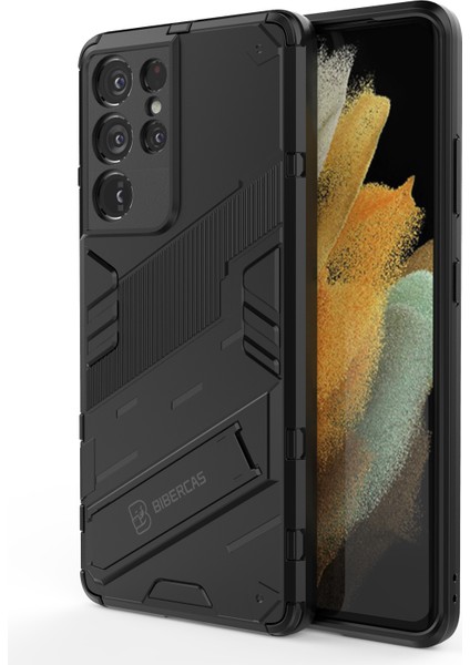 Pc+Tpu Hibrit Telefon Kılıfı Koruyucu Arka Kapak Kickstand ile Samsung Galaxy S21 Ultra 5g-Siyah (Yurt Dışından)