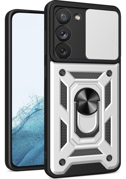 Samsung Galaxy S23 Yüzük Kickstand Pc+Tpu Koruyucu Kapak Düşmeye Karşı Telefon Kılıfı Kayar Kamera Kapağı-Gümüş (Yurt Dışından)