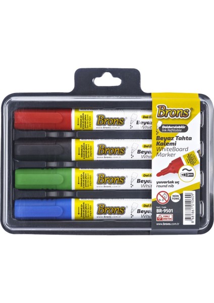 BR-9501 Standart Boy Yazı Tahtası Kalemi Seti – 4 Renkli (Siyah, Kırmızı, Mavi, Yeşil) Ofis ve Okul İçin fiyatları