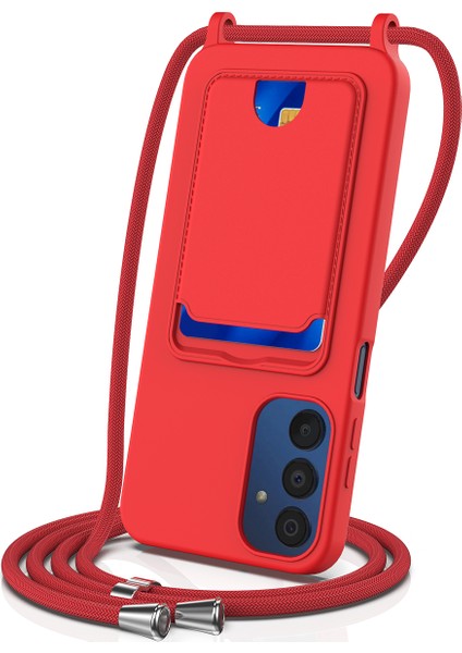 Samsung Galaxy M14 4g Sıvı Silikon Kılıf Kart Tutucu ve Kordon Arka Telefon Kılıfı-Kırmızı (Yurt Dışından)