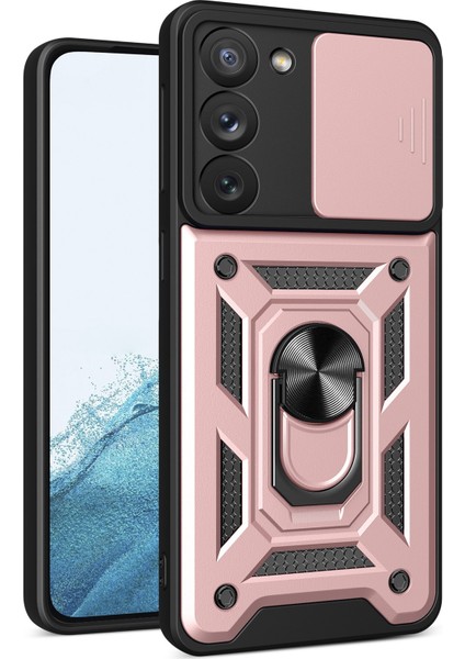 Samsung Galaxy S23 Yüzük Kickstand Pc + Tpu Koruyucu Kapak Düşmeye Karşı Telefon Kılıfı Sürgülü Kamera Kapağı - Rose Goldı (Yurt Dışından)