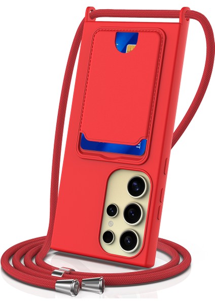 Samsung Galaxy S23 Ultra Kılıf Için Boyun Askılı Kart Yuvası Sıvı Silikon Telefon Kılıfı-Kırmızı (Yurt Dışından)
