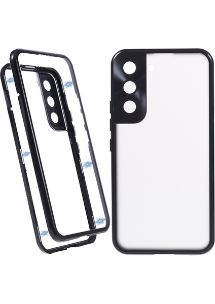 Samsung Galaxy S22+5G Manyetik Metal Çerçeve Telefon Kılıfı Çift Taraflı Temperli Cam Tam Koruyucu Kılıf Kilit Tokalı-Siyah (Yurt Dışından)