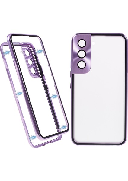 Samsung Galaxy S22+5G Manyetik Metal Çerçeve Telefon Kılıfı Çift Taraflı Temperli Cam Tam Koruyucu Kılıf Kilit Tokalı-Açık Mor (Yurt Dışından)