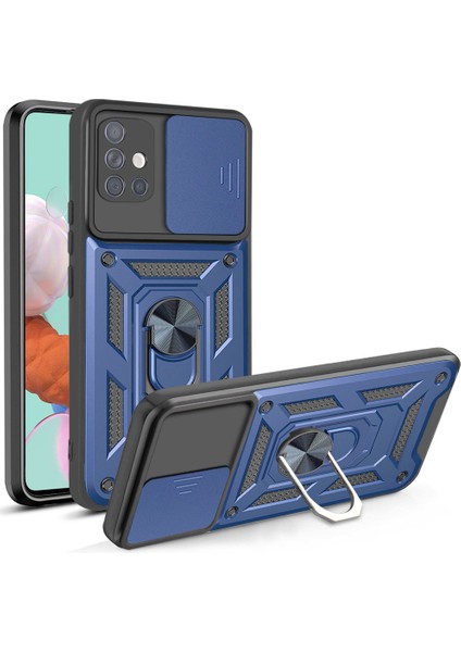 Parmak Izi Önleyici Dayanıklı Pc+Tpu Sürgülü Kamera Kılıfı Kickstand Telefon Kılıfı Samsung Galaxy A51 4g SM-A515-BLUE (Yurt Dışından)
