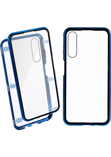 Samsung Galaxy A14 5g/4g Çift Taraflı Temperli Cam Telefon Kılıfı Manyetik Metal Çerçeve Kapak-Mavi (Yurt Dışından)