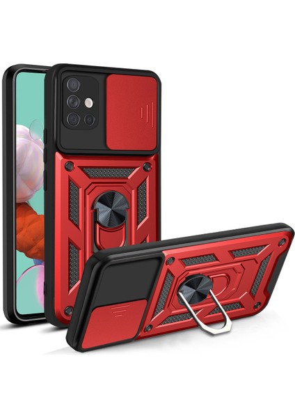 Parmak Izi Önleyici Dayanıklı Pc+Tpu Kayar Kamera Kılıfı Kickstand Telefon Kılıfı Samsung Galaxy A51 4g SM-A515-KIRMIZI (Yurt Dışından)