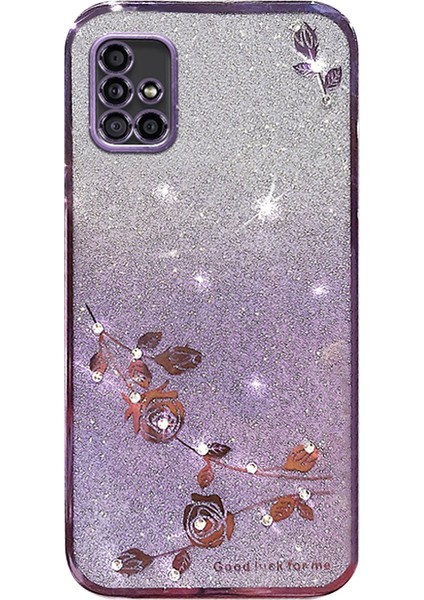 Kadem Samsung Galaxy A51 5g SM-A516 Yumuşak Tpu Telefon Kılıfı Çiçek Yapay Elmas Dekor Degrade Parıltılı Telefon Kılıfı-Mor (Yurt Dışından)