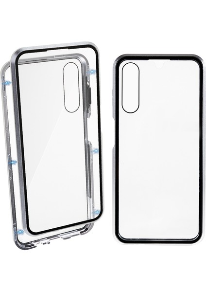 Samsung Galaxy A14 5g/4g Çift Taraflı Temperli Cam Telefon Kılıfı Manyetik Metal Çerçeve Kapak-Gümüş (Yurt Dışından)