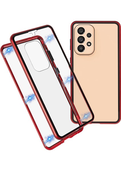 Samsung Galaxy A33 5g Için Çizilmez Metal Tampon + Çift Taraflı Temperli Cam Manyetik Kabuk 360 Derece Koruyucu Telefon Kılıfı - Kırmızı (Yurt Dışından)