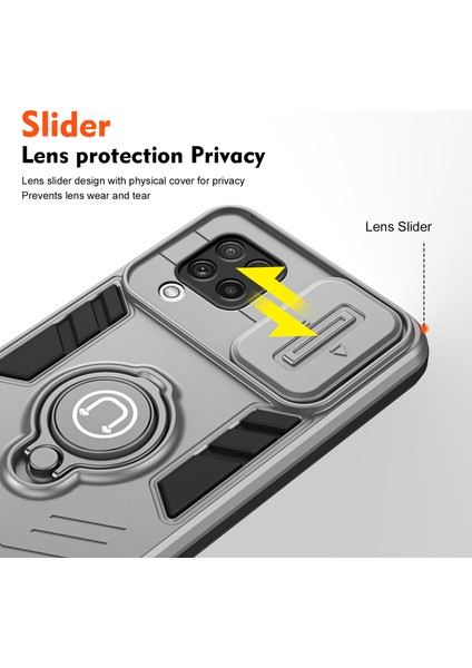 Samsung Galaxy A22 4g (Ab Sürümü) Kılıf Pc + Tpu Kickstand Kapağı Kayar Lens Kapağı ile - Gri (Yurt Dışından) modelleri
