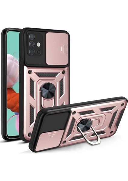 Parmak Izi Önleyici Dayanıklı Pc+Tpu Sürgülü Kamera Kılıfı Kickstand Telefon Kılıfı Samsung Galaxy A51 4g SM-A515-ROSE Gold (Yurt Dışından)