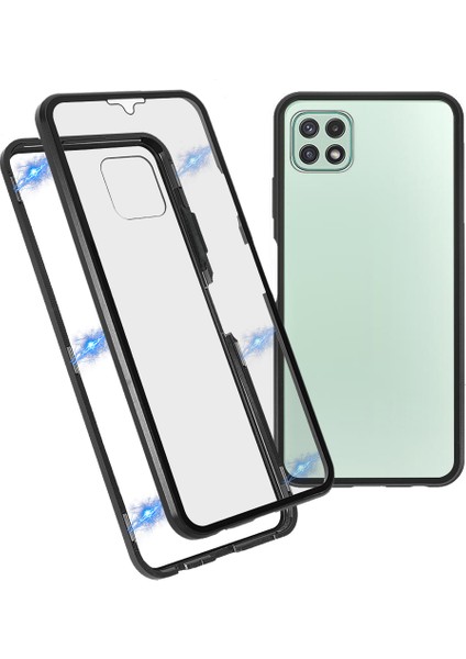 Metal Çerçeve + Çift Taraflı Hd Temperli Cam Düşmeye Karşı Koruyucu Manyetik Emici Telefon Kılıfı Samsung Galaxy A22 5g (Ab Sürümü) - Siyah (Yurt Dışından)