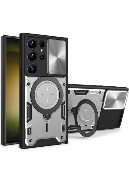 Samsung Galaxy S23 Ultra Kayar Kamera Kapağı Pc + Tpu Kapak Çizilmez Telefon Kılıfı Döndürülebilir Ayaklı - Gümüş (Yurt Dışından)