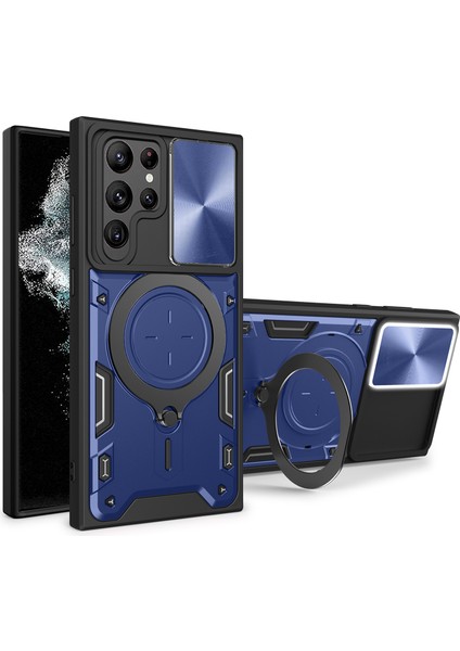 Samsung Galaxy S22 Ultra 5g Döndürülebilir Destekli Telefon Kılıfı Darbeye Dayanıklı Pc + Tpu Kapaklı Kayar Kamera Kapağı - Mavi (Yurt Dışından)