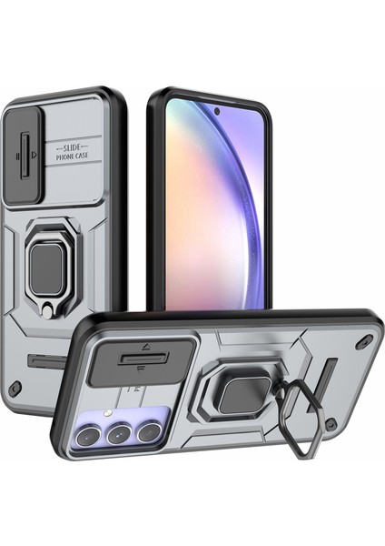 Samsung Galaxy A54 5g Pc+Tpu Telefon Kılıfı Için Arka Kabuk Kayar Lens Koruma Kılıfı Kickstand Ile-Gri (Yurt Dışından)