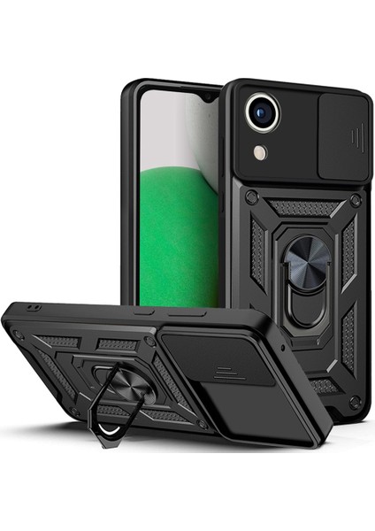 Samsung Galaxy A03 Core Pc+Tpu Çizilmez Zırhlı Telefon Kılıfı Halka Tutucu Kickstand Koruyucu Kılıf Kamera Kayar Kapaklı-Siyah (Yurt Dışından)