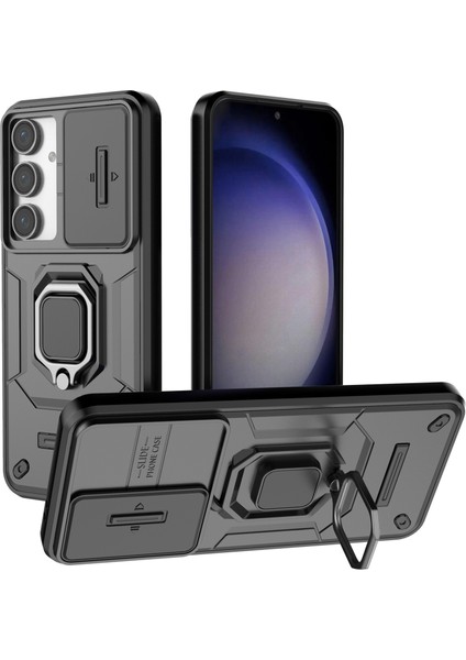 Samsung Galaxy S24 Fe Kılıf Halka Kickstand Pc+Tpu Telefon Kılıfı Sürgülü Kamera Koruma-Siyah (Yurt Dışından)