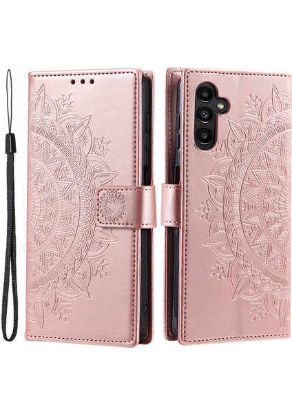 Samsung Galaxy S24+KILIF Mandala Çiçek Cüzdan Telefon Kılıfı Kayışlı-Gül Altın (Yurt Dışından)