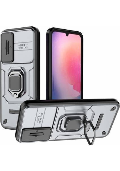 Samsung Galaxy A24 4g Için Arka Kabuk (162,1 x 77,6 x 8,3 Mm) Pc + Tpu Düşmeye Dayanıklı Telefon Kılıfı Sürgülü Lens Koruması Ayaklık Kapağı-Gri (Yurt Dışından)
