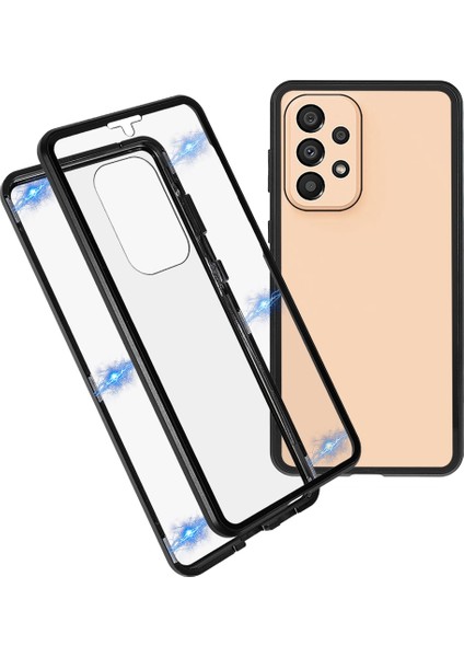 Samsung Galaxy A33 5g Için Çizilmez Metal Tampon + Çift Taraflı Temperli Cam Manyetik Kabuk 360 Derece Koruyucu Telefon Kılıfı - Siyah (Yurt Dışından)