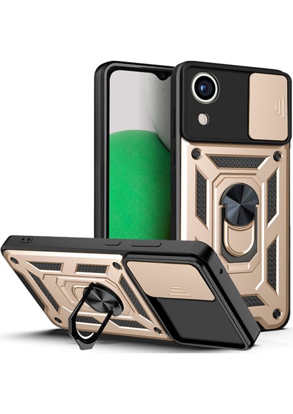 Samsung Galaxy A03 Core Pc+Tpu Çizilmez Zırhlı Telefon Kılıfı Halka Tutucu Kickstand Koruyucu Kılıf Kamera Sürgülü Kapak-Altın (Yurt Dışından)