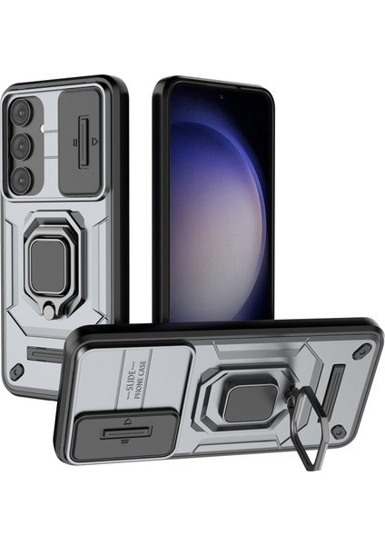 Samsung Galaxy S24 Kılıf Darbeye Dayanıklı Pc + Tpu Slayt Lens Destekli Telefon Kılıfı-Gri (Yurt Dışından)