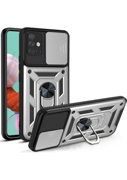 Parmak Izi Önleyici Dayanıklı Pc+Tpu Sürgülü Kamera Kılıfı Kickstand Telefon Kılıfı Samsung Galaxy A51 4g SM-A515-GÜMÜŞ (Yurt Dışından)