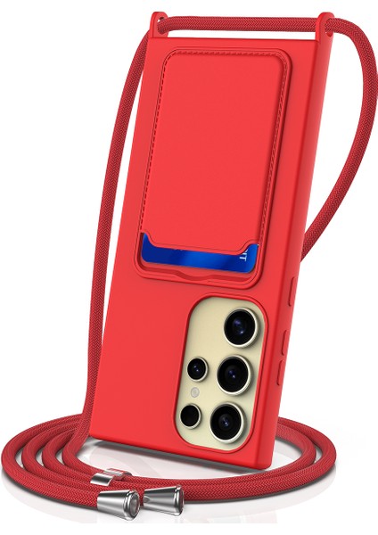 Samsung Galaxy S24 Ultra Kılıf Kart Tutucu Sıvı Silikon Ipeksi Dokunmatik Telefon Kılıfı-Kırmızı (Yurt Dışından)