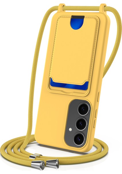 Samsung Galaxy S25 Kılıfı Sıvı Silikon Kart Tutucu Telefon Arka Kapağı Kordonlu-Sarı (Yurt Dışından)