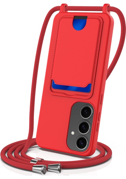 Samsung Galaxy S25 Kılıfı Sıvı Silikon Kart Tutucu Telefon Arka Kapağı Kordonlu-Kırmızı (Yurt Dışından)