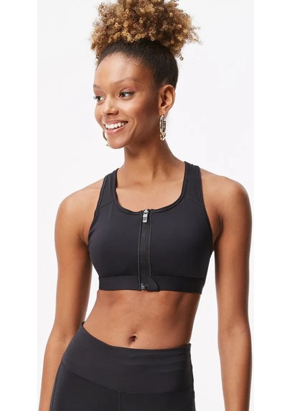 Swoosh Medium Support Padded Zip-Front Bra Kadın Fermuarlı Pedli Spor Sütyeni Siyah
