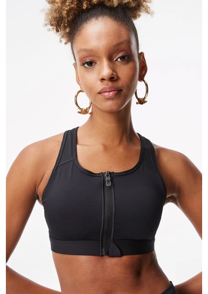 Swoosh Medium Support Padded Zip-Front Bra Kadın Fermuarlı Pedli Spor Sütyeni Siyah modelleri