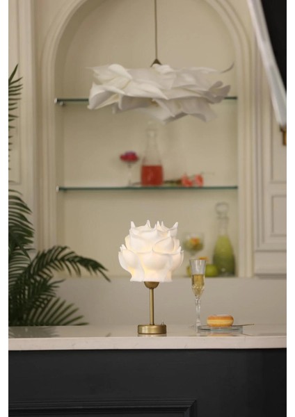 Beyaz Eva Gül Tasarım Kablosuz Pilli Masa Lambası - Alt Uzun Eskitme Gold