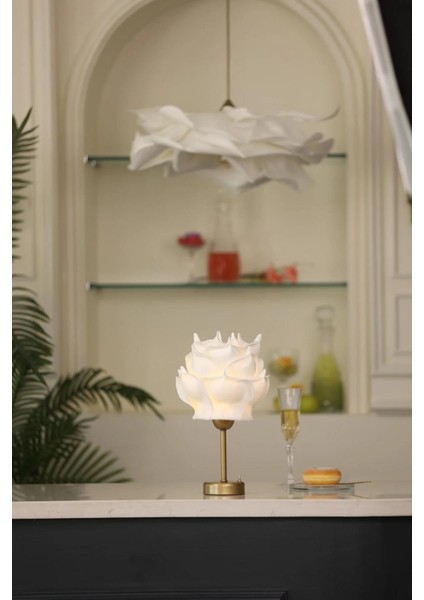 Beyaz Eva Gül Tasarım Kablosuz Pilli Masa Lambası - Alt Uzun Eskitme Gold fırsatları