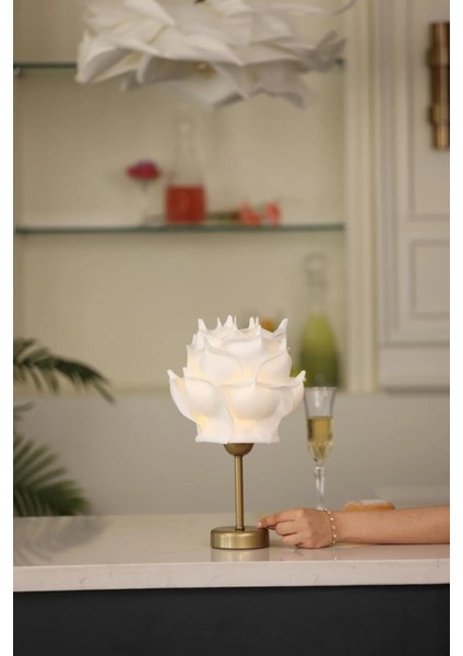 Beyaz Eva Gül Tasarım Kablosuz Pilli Masa Lambası - Alt Uzun Eskitme Gold indirimleri